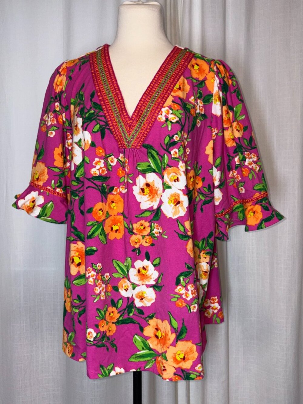 Hot Pink Blouse with Ruffle short sleeve and embroidered V neck